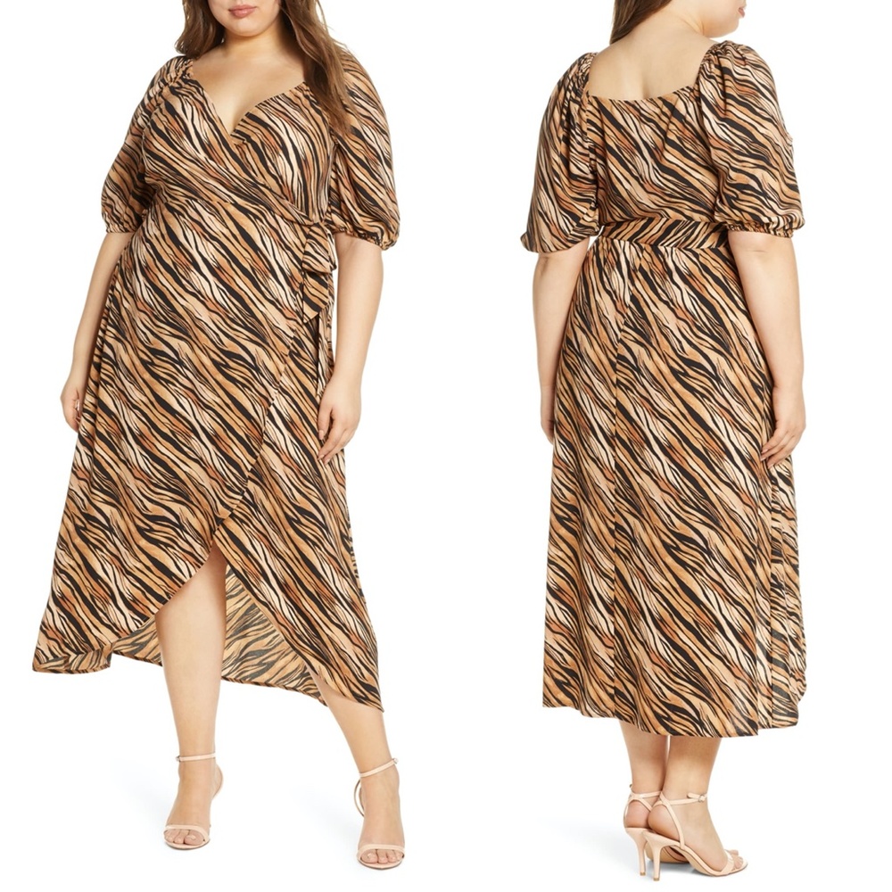 NEW LEITH Tiger Stripe ANIMAL PRINT Short Sleeve PLUS Size WRAP Maxi DRESS 1X